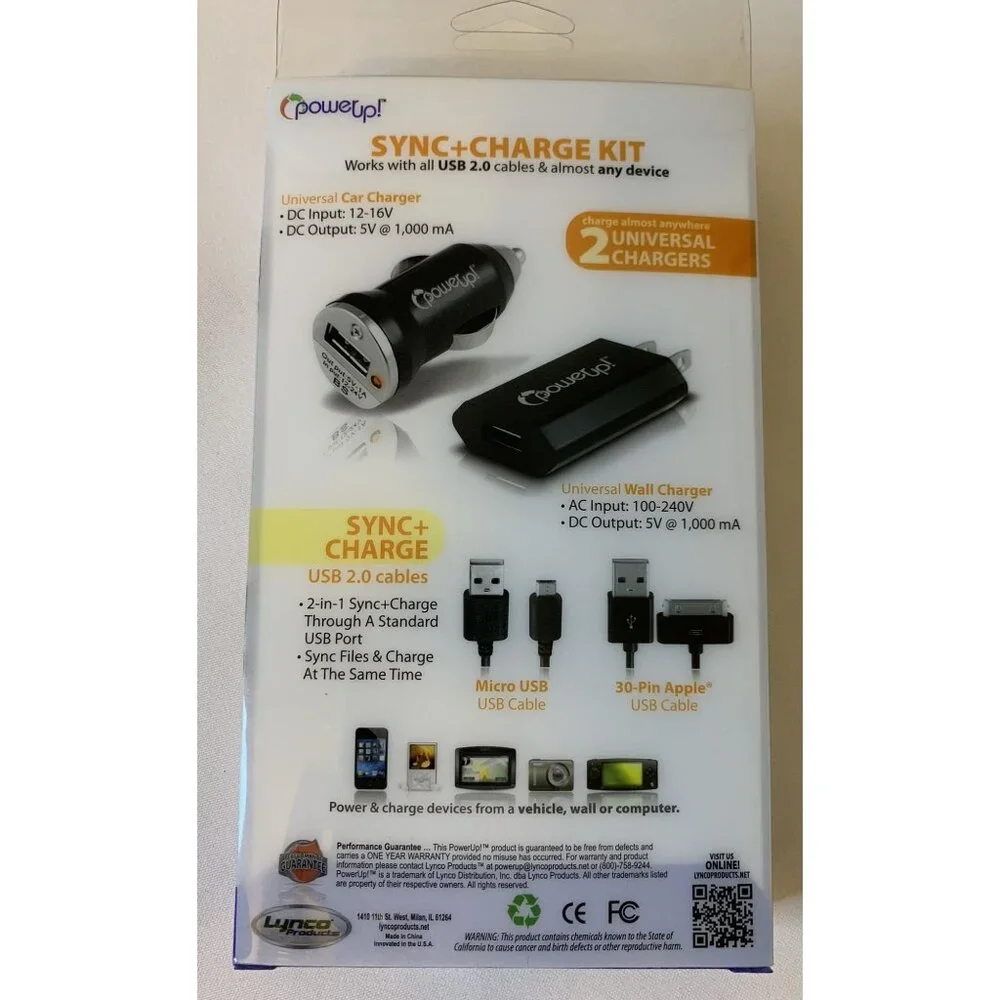 PowerUp Universal USB Sync+Charge Kit Car and Wall Chargers Micro USB 30-Pin NEW